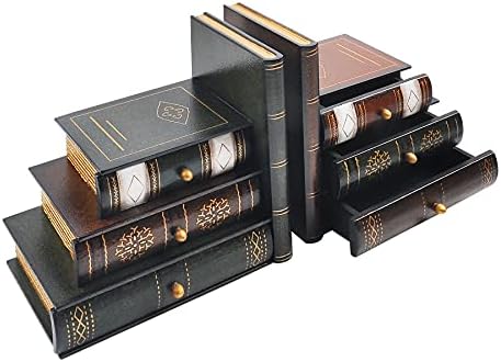 Vintage Wooden Bookends with Drawers – Decorative False Book Shelf Organizer for Home, Office, or Library (311) by POWERUNICOFLOWER