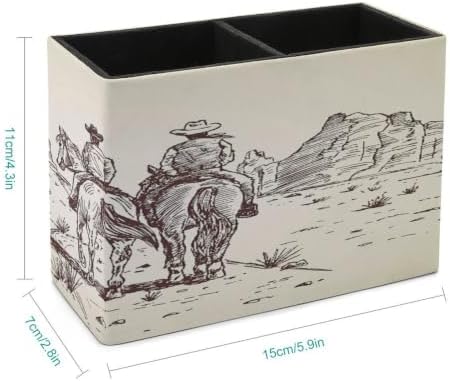PU Leather Multi-Compartment Pen Holder Desktop Organizer Pencil Cup Storage Caddy for Office Home Supplies Hand Drawn of Two Cowboys Riding Horses in Desert - Image 2