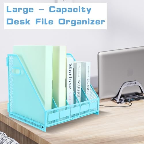 Desk Organizers Metal Magazine File Holder Racks Desktop Folder Storage Binder Organiser Document Organization for Home Office & Classroom,5 Vertical Compartments-Blue - Image 6