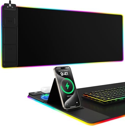 Wireless Charging RGB Mouse Pad with Phone Stand, Large Gaming Desk Mat by miroddi