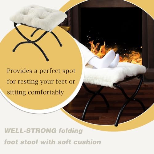 15" Faux Fur Upholstered Folding Foot Rest Stool with Metal Frame Beige - Image 4
