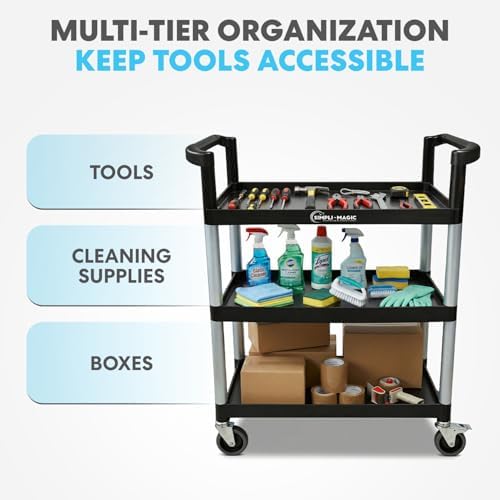 Simpli-Magic Rolling Utility Cart on Wheels, Heavy Duty Multi-Purpose Service Cart, Silver & Black, Garage, Warehouse & Commercial Use - Image 4