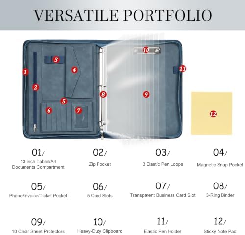Leathario Portfolio Binder, Padfolio Organizer, 3 Ring Binder with Zipper - Image 3