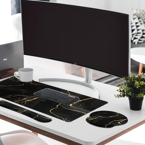Britimes Keyboard Mouse Pad Set, 4 in 1 Desk Mat Set, Marble Black Gold - Image 3