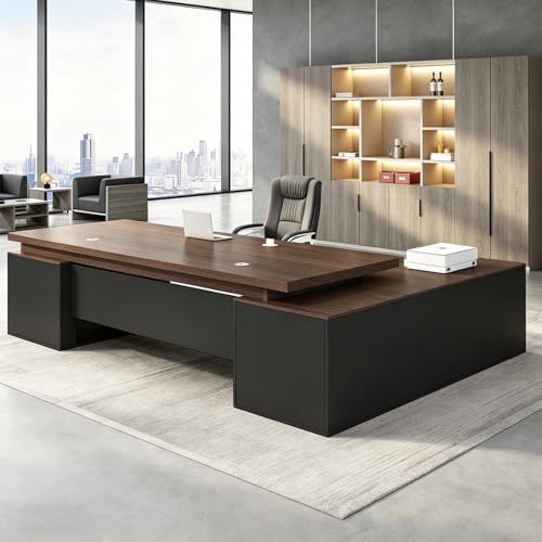 Executive Desk, L Shaped Executive Office Desk with Locking Drawer & File Cabinet, 1'' Thick Desktop, Large Office Desk with Storage, Modern Executive Computer Workstation for Home Office & Business by Unknown