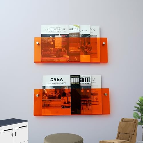 2 Pack Orange Acrylic Magazine Holder, Wall Mount Hanging Bookshelf Literature Storage Rack, Brochure File Display Shelf for Waiting Room, Living Room, Office, Home - Image 4