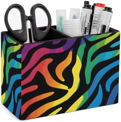 Pens Holder, Pencils Holder for Desk Organizer, Rainbow Animal Zebra Print PU Leather Pencil Cups Desktop Stationery Storage Makeup Brush Holder Pens Organizer for Office Home by Quteprint