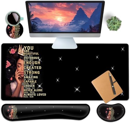 Large Gaming Mouse Pad+ Keyboard Wrist Rest Set, Ergonomics Memory Foam Mouse Mat Wrist Rest Support, Waterproof Extended Mousepad 31.5x11.8in, African American Women Black Girl Desk Pad by YVBHCGGGF