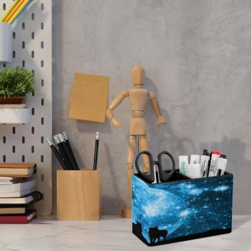PU Leather Multi-Compartment Pen Holder Desktop Organizer Pencil Cup Storage Caddy for Office Home Supplies Wolves Pack in Silhouette Against Blue Starred Sky Full Moon - Image 6