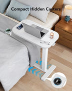HUANUO 32Inch Bedside Table with Wheels, Height-Adjustable Rolling Computer Cart, Overbed Table with Cup Holder, Pneumatic Laptop Standing Desk for Home Office, White - Image 5