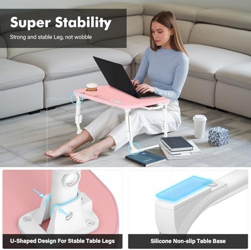 Lap Desk for Bed Adjustable Height, Foldable Bed Table with Storage Drawer, Tablet Slot & Cup Holder, Portable Laptop Stand for Bed & Sofa, Bed Desk for Adults & Kids, Pink - Image 4