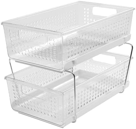 madesmart 2 Tier Organizer, Multi-Purpose Slide-Out Storage Baskets with Handles, Pack of 2, Plastic, Clear - Image 3