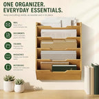 Yeaqee Hanging Wall File Organizer 15" x 12.6" x 3.9" Natural Bamboo 5 Tier - Image 6
