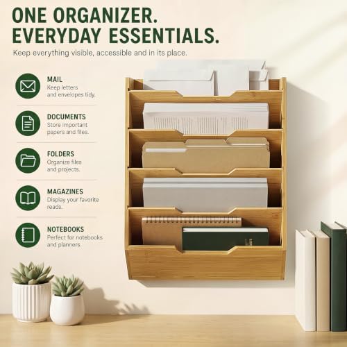Yeaqee Hanging Wall File Organizer 15" x 12.6" x 3.9" Natural Bamboo 5 Tier - Image 6