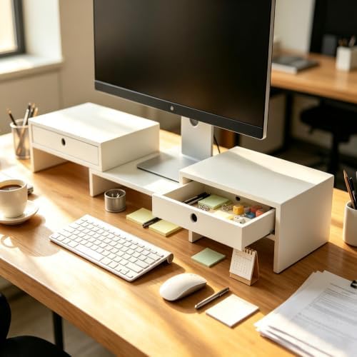 LAPTAIN Monitor Stand Riser, Adjustable Monitor Stand, 2 Drawers, White - Image 4