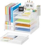 Lavatino Desk Organizer with File Holder, 5-Tier Paper Letter Tray Organizer with Sliding Drawer and 2 Pen Holder, Mesh Desktop File Organizer for Office Supplies, White - Image 2