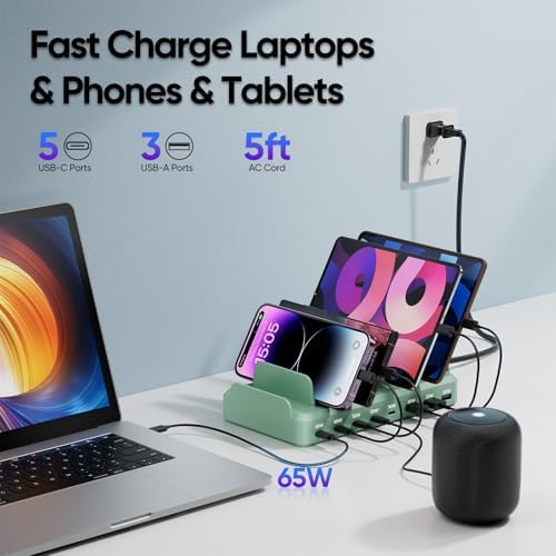 300W Charging Station for Multiple Devices, 8 Port Multi USB C Fast Charger Station Dock for MacBook iPhone 16/15/14/13/12 Samsung Pixel Series iPad, Green (6 Mixed Short Cables Included) - Image 2