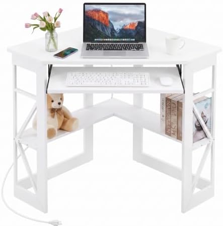 VECELO Corner Desk, Triangle Computer Desk for Small Space with Charging Station and Keyboard Tray, Corner Makeup Table with Storage Shelves for Home Office Bedroom, 41x30, White by VECELO