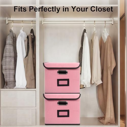 File Storage Box with Lid, 15.55x12.87x10.43 Inches, Foldable Organizer with Handles & Label Slot, for File Storage, Home, Office, and Closet Organization(2 Packs, Pink) - Image 3