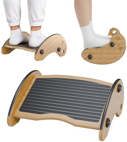 Bamboo Foot Rest for Under Desk at Work, Adjustable Foot Stool, 2-in-1 Reversible Rocking Footrest, Static Leg Rest, 16in Wide Surface, Non-Slip Breathable Pad, Home Office Ergonomic Support at Work by KomfiNest