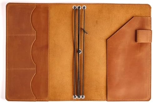 Genuine Leather Journal Cover A5 – Refillable Notebook Organizer with 3 Elastic Bands, Card Slots, Pen Holder & Interior Pockets, Fits 5.8" x 8.3" Notebooks (Paper Not Included), Warm Brown by Unknown