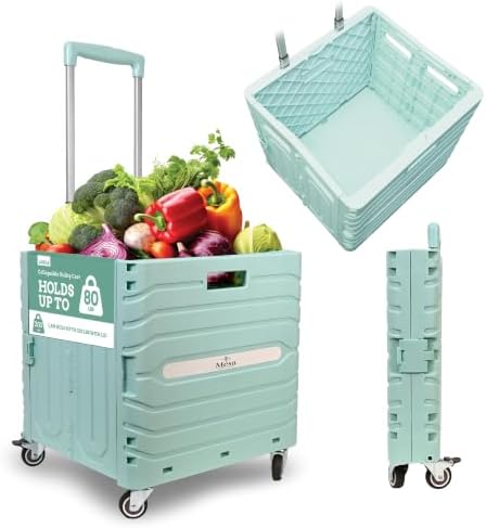 Inspired Living Collapsible Folding Utility Cart, Heavy-Duty Rolling Crate with 360° Wheels, Telescoping Handle, Hidden Lid, Holds 200 Lbs, Pale Mint by Inspired+Living