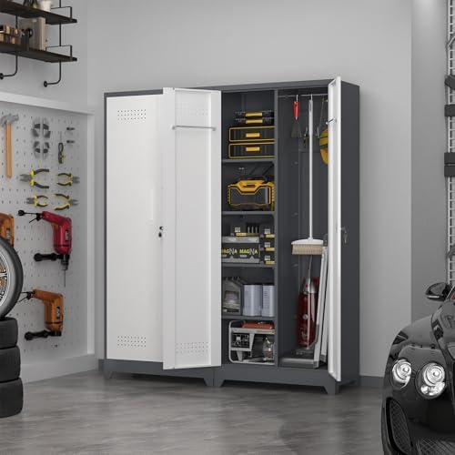 72.8" H Metal Garage Storage Cabinets with Doors and Shelves, Broom Closet Storage Cabinet, Tool Cabinets with Hanging Rod, Cleaning Storage Cabinets for Garage, Office, Laundry Room - Image 2