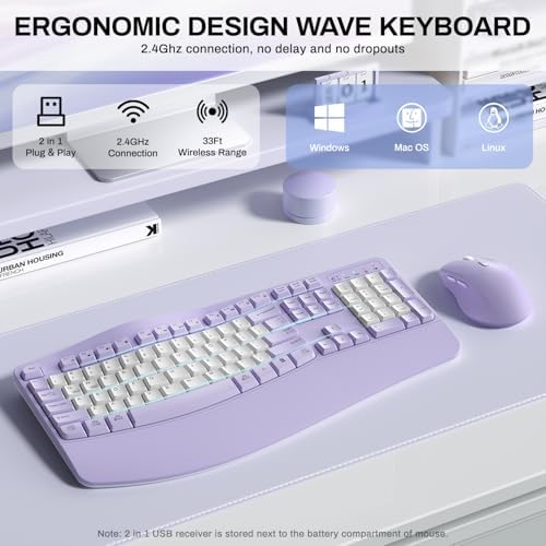 Wireless Keyboard and Mouse Combo,2.4G Ergonomic Wave Keys(Purple-B) - Image 3