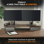DuoStand Plus - 39” Dual Monitor Riser for Desk with 2 Drawers - Wood & Steel Double Monitor Stand with Storage - Desk Organizer Shelf for Desktop Computer, Laptop, TV & Printer (Rustic Wood) - Image 2