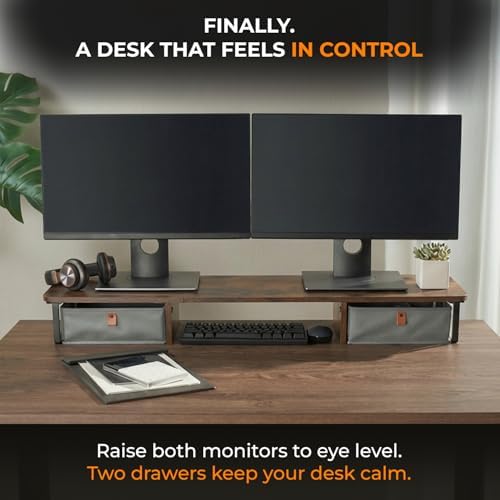 DuoStand Plus - 39” Dual Monitor Riser for Desk with 2 Drawers - Wood & Steel Double Monitor Stand with Storage - Desk Organizer Shelf for Desktop Computer, Laptop, TV & Printer (Rustic Wood) - Image 2