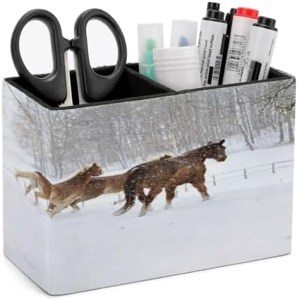 PU Leather Multi-Compartment Pen Holder Desktop Organizer Pencil Cup Storage Caddy for Office Home Supplies Winter Horse Print in Snowy Forest by Unknown