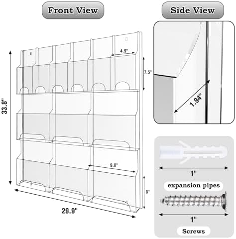 Acrylic Brochure Pamphlet Holder, 6 Magazine Holders and 6 Pamphlet Holders, Clear Brochure Display Stand Wall Mount, Trifold Flyer Rack, Literature Storage Rack for Home, Offices, Waiting Room - Image 2