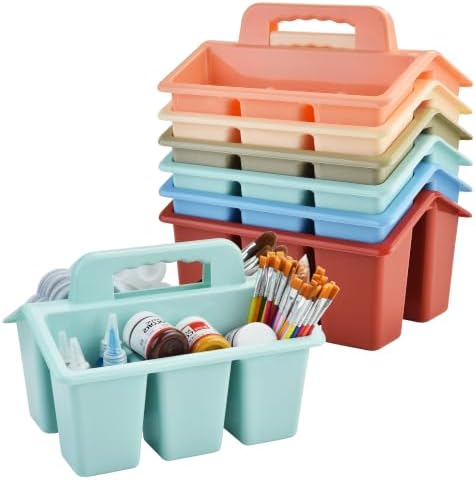 Plastic Classroom Caddy with Handle, 6 Pack 4-Compartment Teacher Supply Organizer, Stackable Desk Caddies for Pencils, Markers, Crayons, Art Craft Supplies, School Office Home, Modern Pastel Colors by Haundry