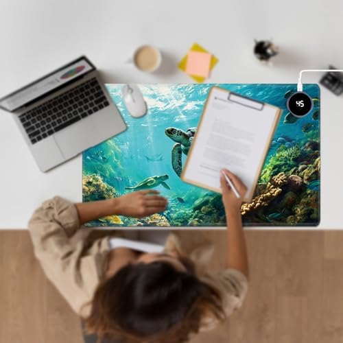 Heated Desk Pad Large Mouse Pad 23.6 x 14.1 inch with 3 Levels Heating & Auto Shut-Off Warm Mouse pad PU Leather Computer Mousepad for Home Office Work - Sea Turtles in The Ocean - Image 7