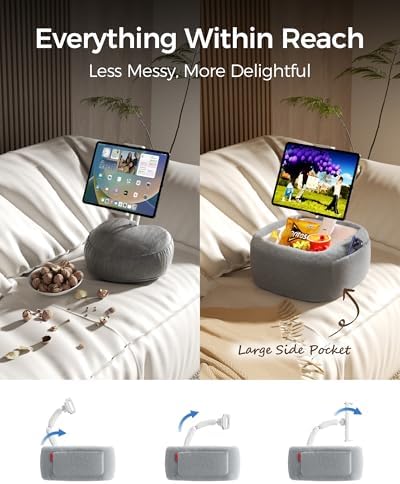 LULULOOK Tablet Pillow Stand, Compatible with iPad, iPhone and 4.7-14.6”Tablet, 360° Adjustable Kindle Pillow Stand for Bed with Ultra Fluffy Fabric & Snack Bowl (Fluffy Gray​) - Image 5