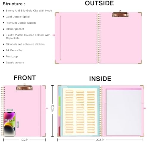 Ospelelf Clipboard with Storage 8.5 X 11，Padfolio Organizer, Spiral Portfolio Letter Size with Notepad, Pen Holder, 5 Extra Folder Divider Pages, Elastic Closure Nurse Office Essentials Baby Pink - Image 2