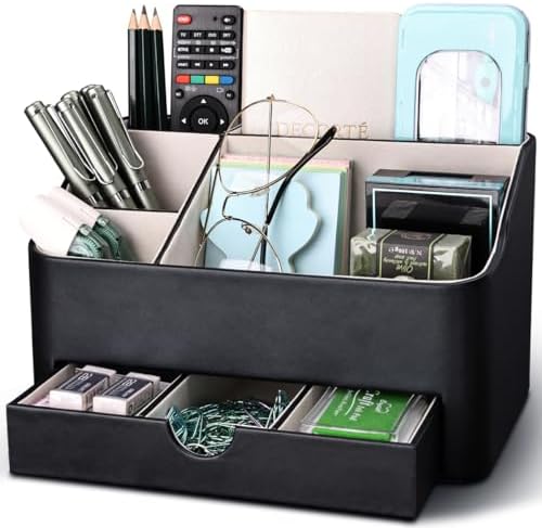 KINGFOM Desk Organizer with Drawer, Multifunction Pencil Holder for Desk, Desk Organizer and Accessories 5 Compartments for Home Office Supplies (Black) by KingfomLeatherHomeOfficeDecor