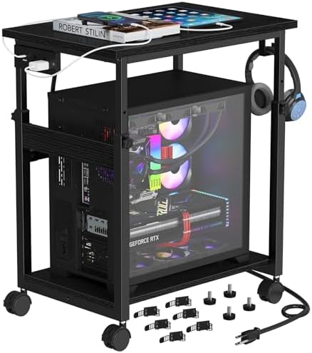 Snughome Extra-Large Computer Tower Stand with Charging Station, Adjustable PC Tower Stand for Floor 25.2"-36.2", Mobile Rolling CPU Holder Cart with Locking Wheels for Gaming Office Home by Snughome