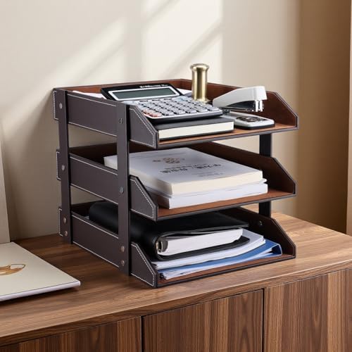 KINGFOM Letter Tray, Leather Paper Organizer Tray, Wooden Desk File Holder, Desktop File, Stackable Magazine Holder, Mail Sorter, Great for Home or Office - 3 Level Brown - Image 2
