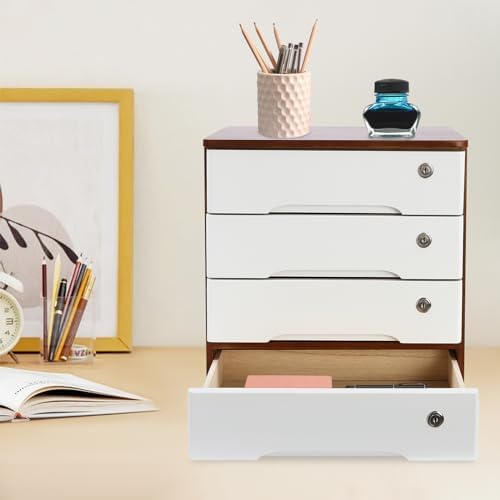 4 Drawers Wooden Desktop Storage Box W/Lockable Drawers,16 In H Office Supplies File Organizer, Flat File Cabinet,Wood Rail & Curved Handle For Dresser Tabletop. (Walnut + White) - Image 4