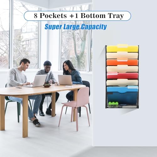 EASEPRES Desk File Organizer Mesh 9-Tier, Hanging Wall Mount Document Organization Stand, Desktop Vertical Mail Paper Folder Holder Rack with Bottom Tray for Office Home Cubicle Countertop, Black - Image 3