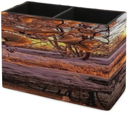 PU Leather Multi-Compartment Pen Holder Desktop Organizer Pencil Cup Storage Caddy for Office Home Supplies Winter Sunset - Image 7