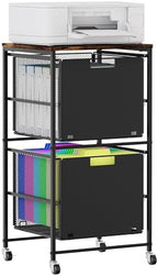 EasyPAG Rolling Storage Cart with 2 Drawers, Under Desk File Cabinet on Lockable Wheels, Movable Letter Size Hanging File Folder Organizer with Wooden Printer Stand for Home Office, Black by EasyPAG