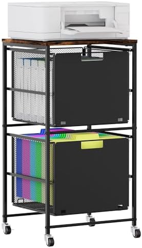 EasyPAG Rolling Storage Cart with 2 Drawers, Under Desk File Cabinet on Lockable Wheels, Movable Letter Size Hanging File Folder Organizer with Wooden Printer Stand for Home Office, Black by EasyPAG