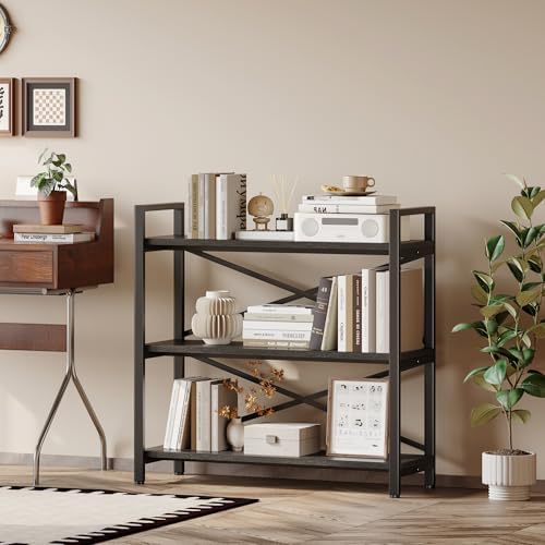 Homeiju 3 Tier Bookshelf 31.49" Width, Wood and Metal Etagere Bookcase, Vintage Farmhouse Modern Wooden Big Book Shelf for Home Living Room Bedroom Office Storage(Black) - Image 6