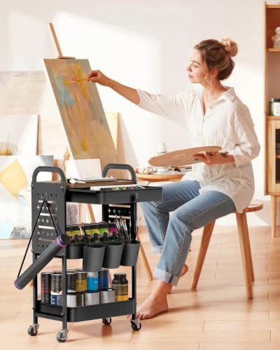 ALVOROG 3 Tier Metal Rolling Cart with Drawer,Wood Top,Pegboards,Black - Image 5