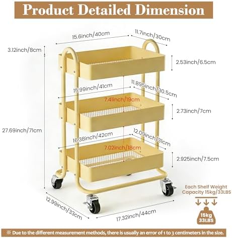 3 Tier Metal Rolling Cart, Utility Storage Cart Shelf Organizer with Wheels for Home & Office, Light Yellow - Image 3