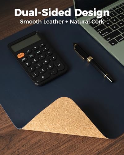 Aothia Dual-Sided Desk Mat, FSC Cork & PU Leather Desk Pad, Large Mouse Pad & Writing Surface for Full Desk Coverage, Non-Slip Waterproof Desk Protector - 47" x 23.6", Dark Blue - Image 2