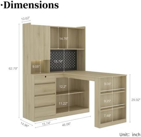 51.6" L Shaped Computer Desk with Drawers and Storage, Light Oak - Image 2