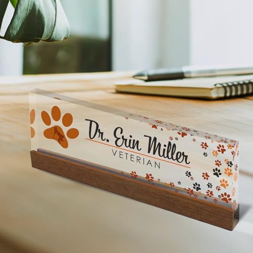 Artblox Personalized Office Desk Name Plate and Business Card Holder | Clear Acrylic Glass with Teak Wood Stand | Vet Animal Design Customized with Your Name and Credentials Office Desk Décor - Image 2